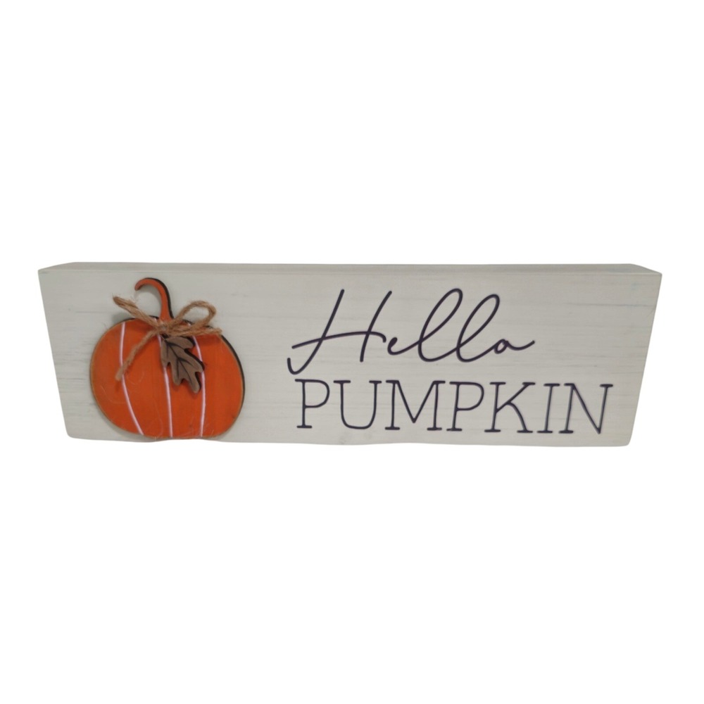 Hello Pumpkin Wood Block Sign 14x4.5‎ Fall Harvest Decor Accent NWT